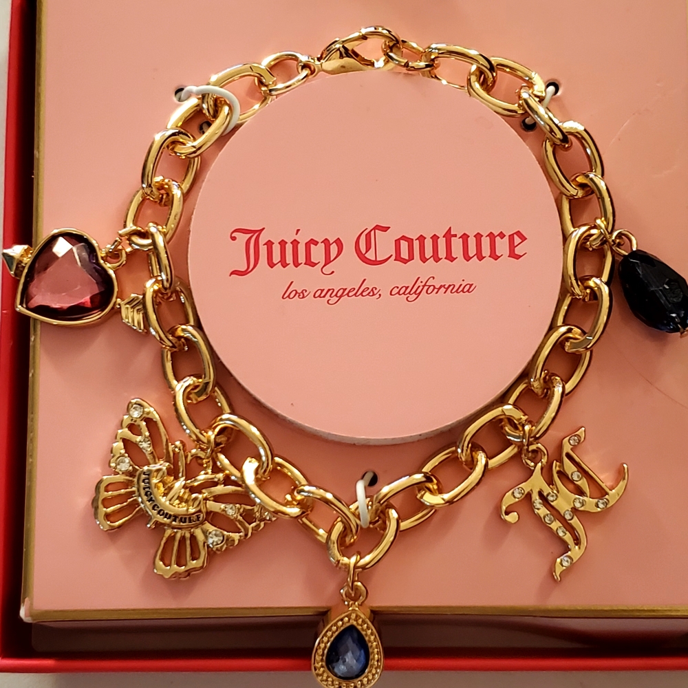 Juicy Couture Gold Bracelet with Heart & Jewel Charms New In Box 18" - Picture 5 of 6
